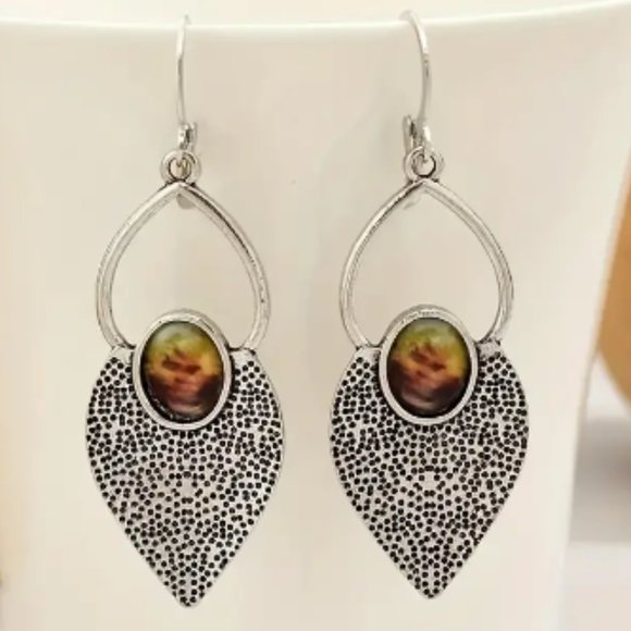 Big dangle drop earrings with stippled metal and faux Opal gemstone - Picture 1 of 2